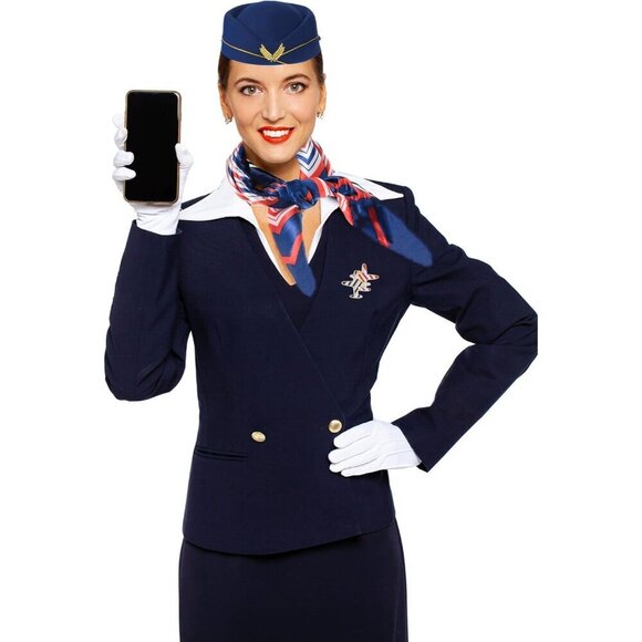 Flight Attendant Costume Accessories Navy Blue Hat Scarf Gloves Aviator Sunglass main image 5